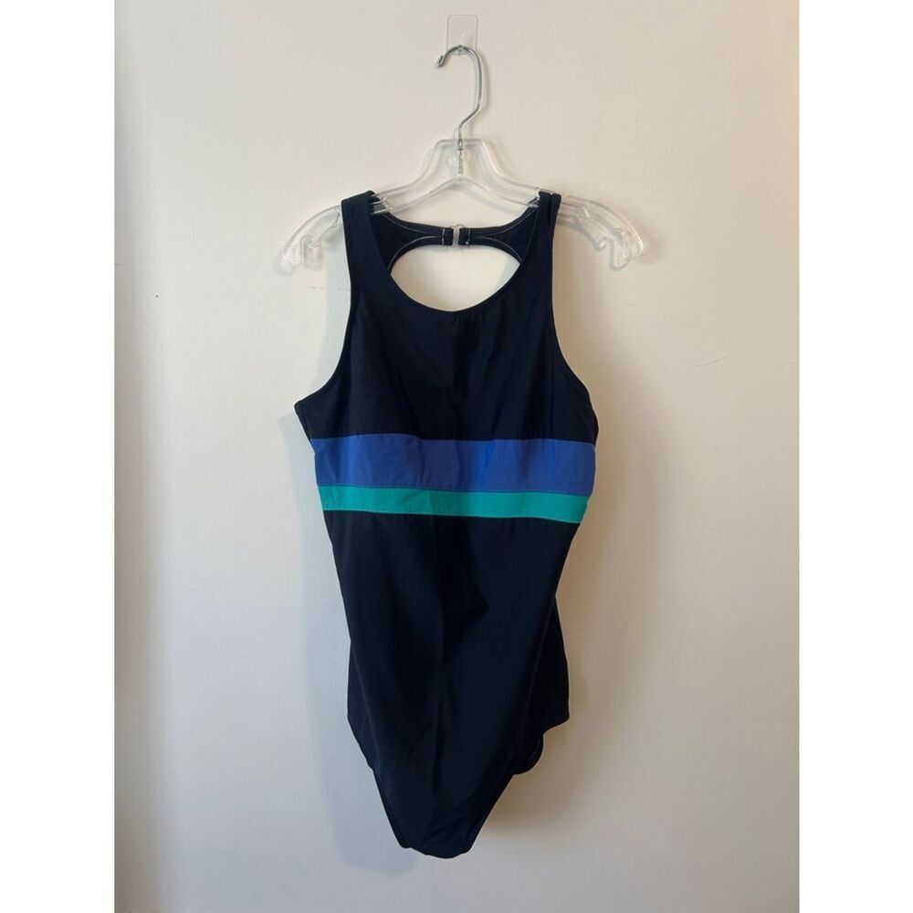 Navy One-Piece Swimsuit with Blue and Teal Stripes